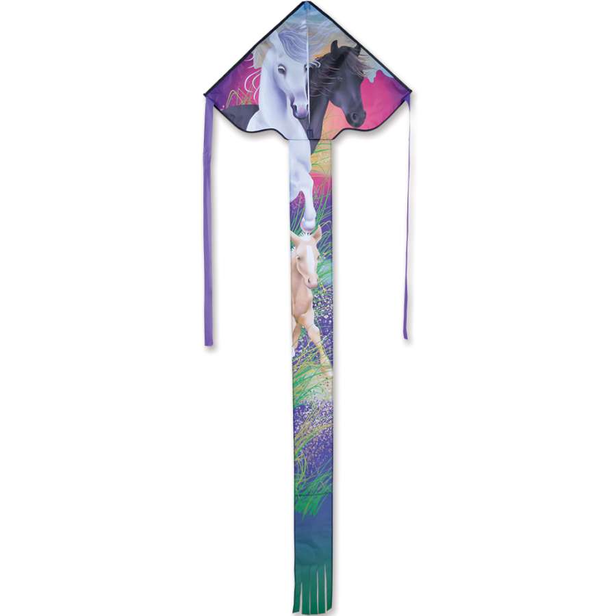 Easy Flyer Kite - Horses with vibrant colors and striking designs flying in a clear blue sky, illustrating joyous outdoor fun.