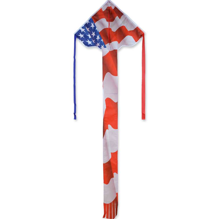 Easy Flyer Kite in patriotic colors soaring in the sky with a family flying it at a park, showcasing its vibrant design and large size.