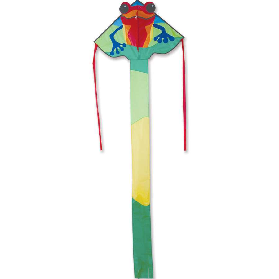 Easy Flyer Kite - Poison Dart with colorful design soaring high against a clear blue sky, showcasing its large 30x90 inch size.