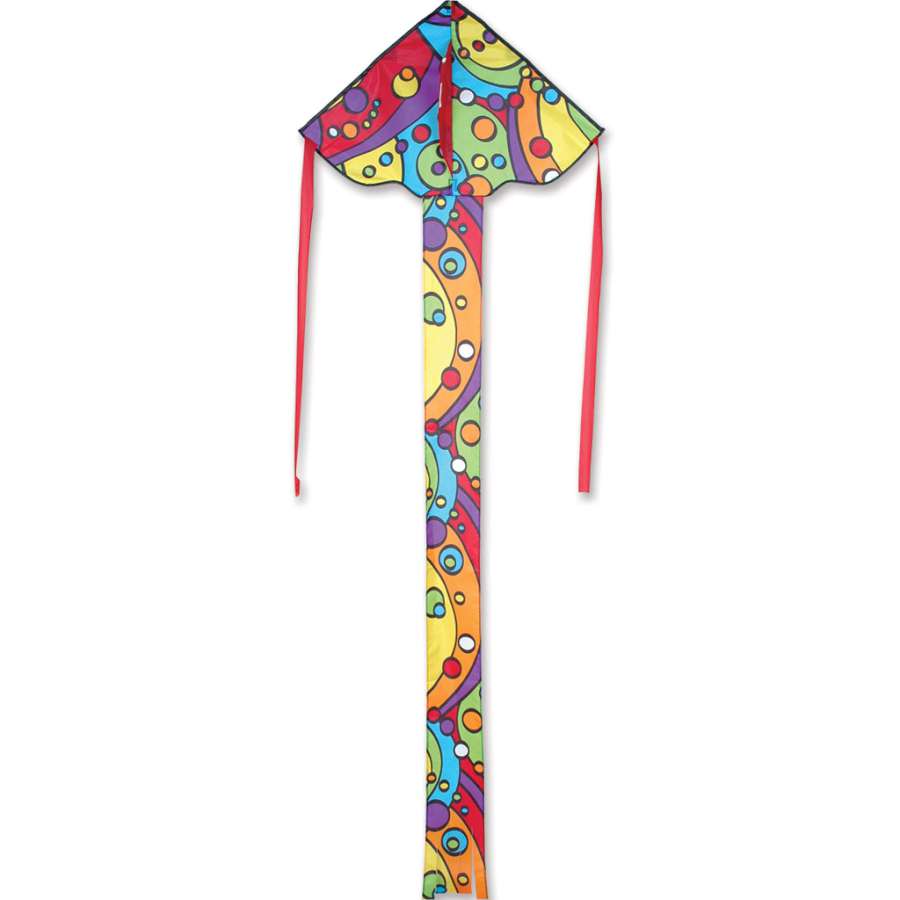 Easy Flyer Kite - Rainbow Orbit displaying vibrant colors and appliques, soaring in the sky held by a child during outdoor play.