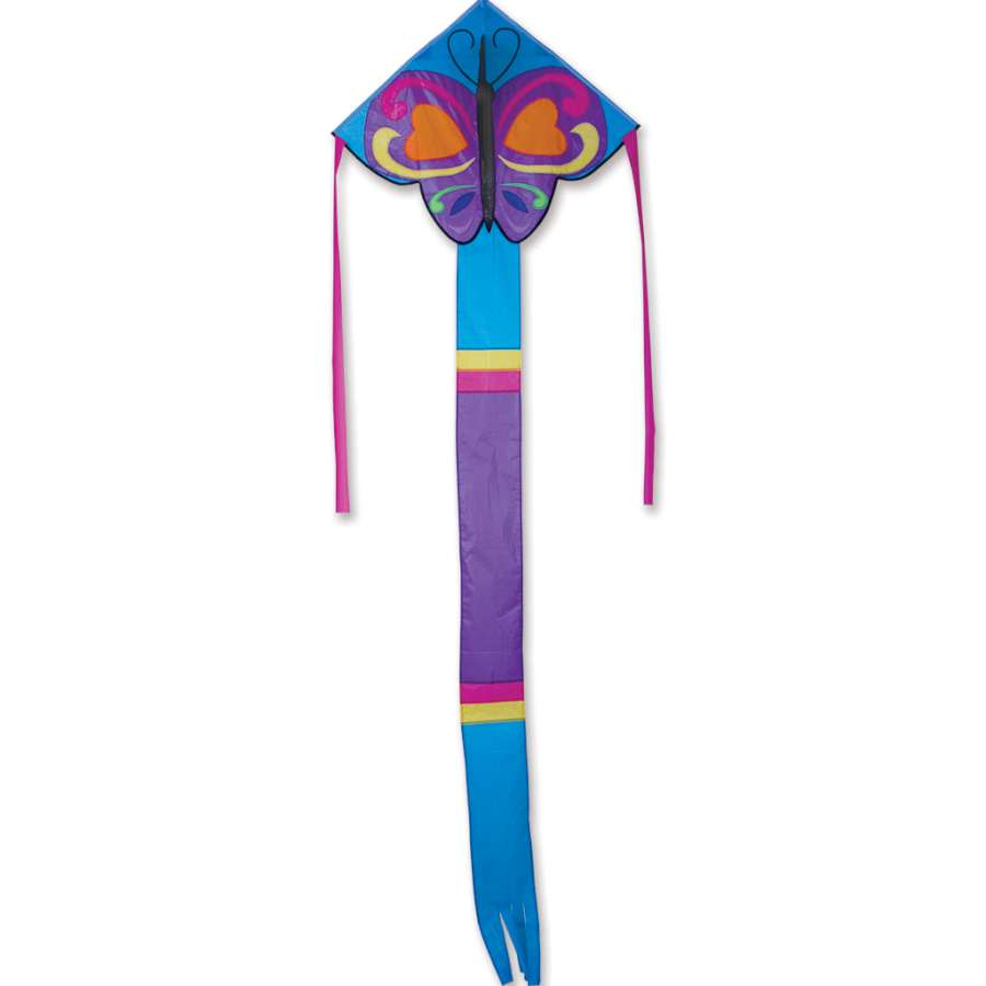Easy Flyer Kite - Sweetheart Butterfly, measuring 30x90 inches, soaring in a blue sky, showcasing vibrant colors and butterfly design.