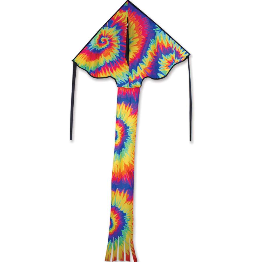 Easy Flyer Kite in colorful tie-dye pattern soaring in the sky, measuring 30x90 inches with a lightweight fiberglass frame.