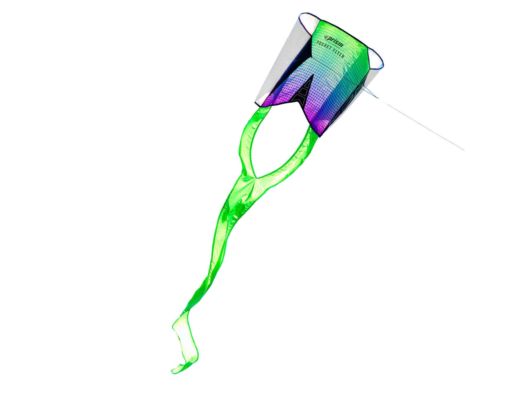Prism Pocket Flyer single-line kite with all-fabric design, built-in tail, and included flying line, sized for easy travel and beginner-friendly flying.