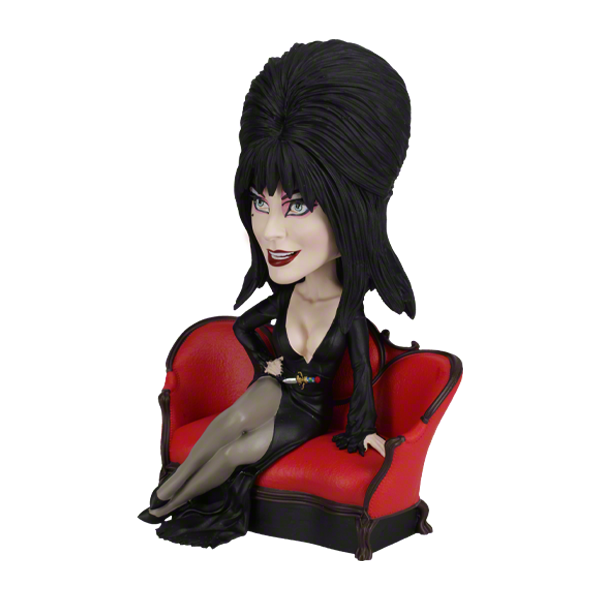 Elvira Lounge Bobblehead featuring the Mistress of the Dark in her signature black gown, set on a decorative display stand.
