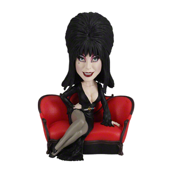 Elvira Lounge Bobblehead featuring the Mistress of the Dark in her signature black gown, set on a decorative display stand.