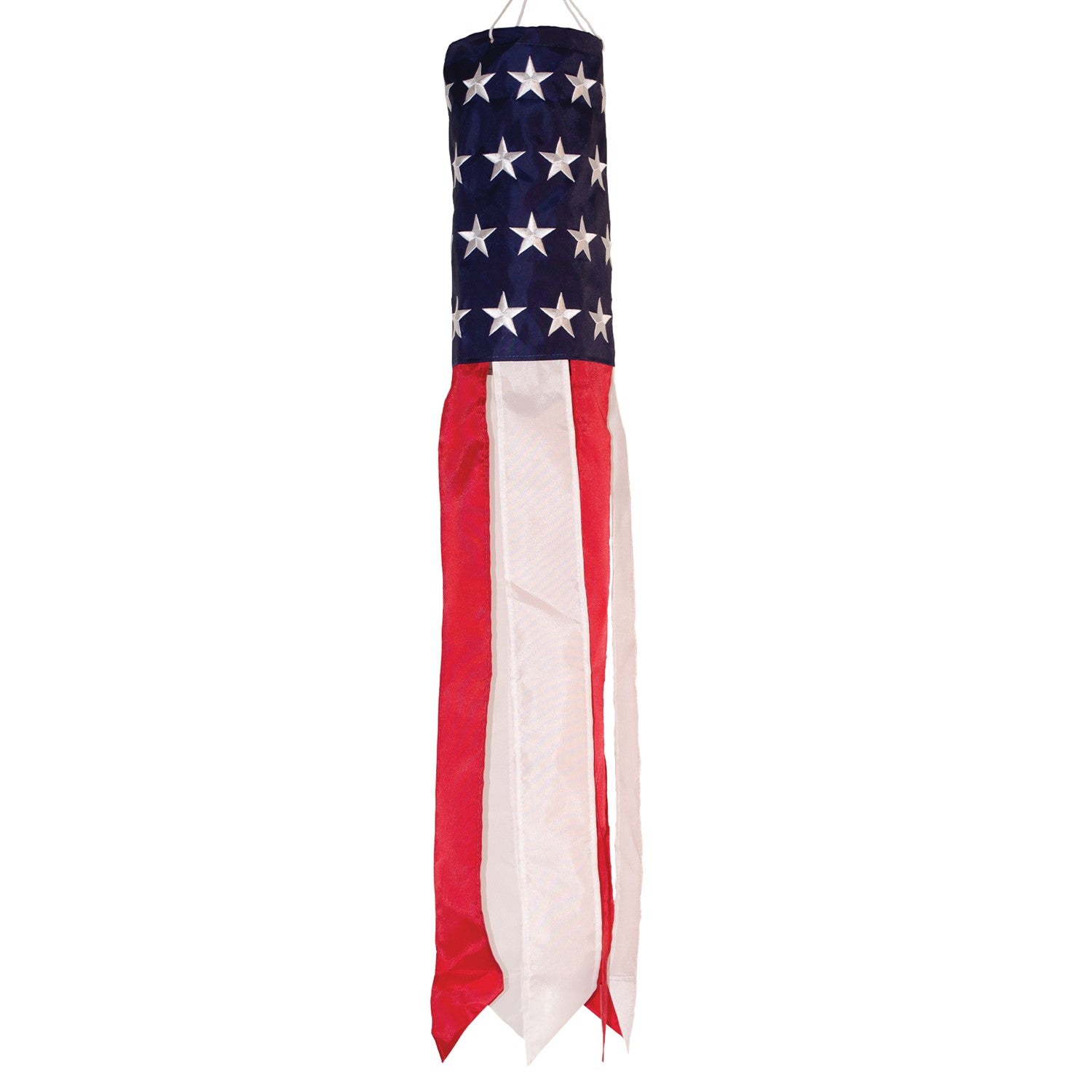 Embroidered Stars & Stripes 33\" windsock displaying vibrant red, white, and blue colors with detailed embroidered stars, hanging outdoors.