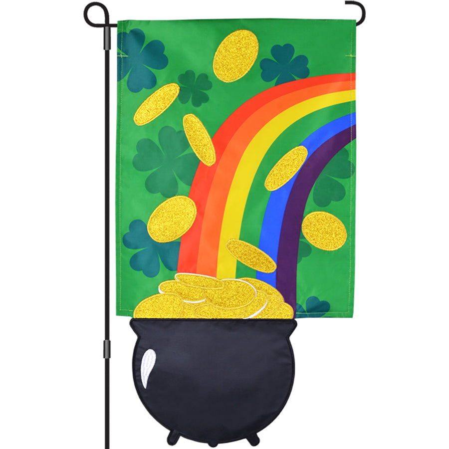 13 in. Enhanced Flag - Lucky Pot o' Gold with colorful embroidery and vibrant shamrocks, displayed on a garden flag pole in an outdoor setting.