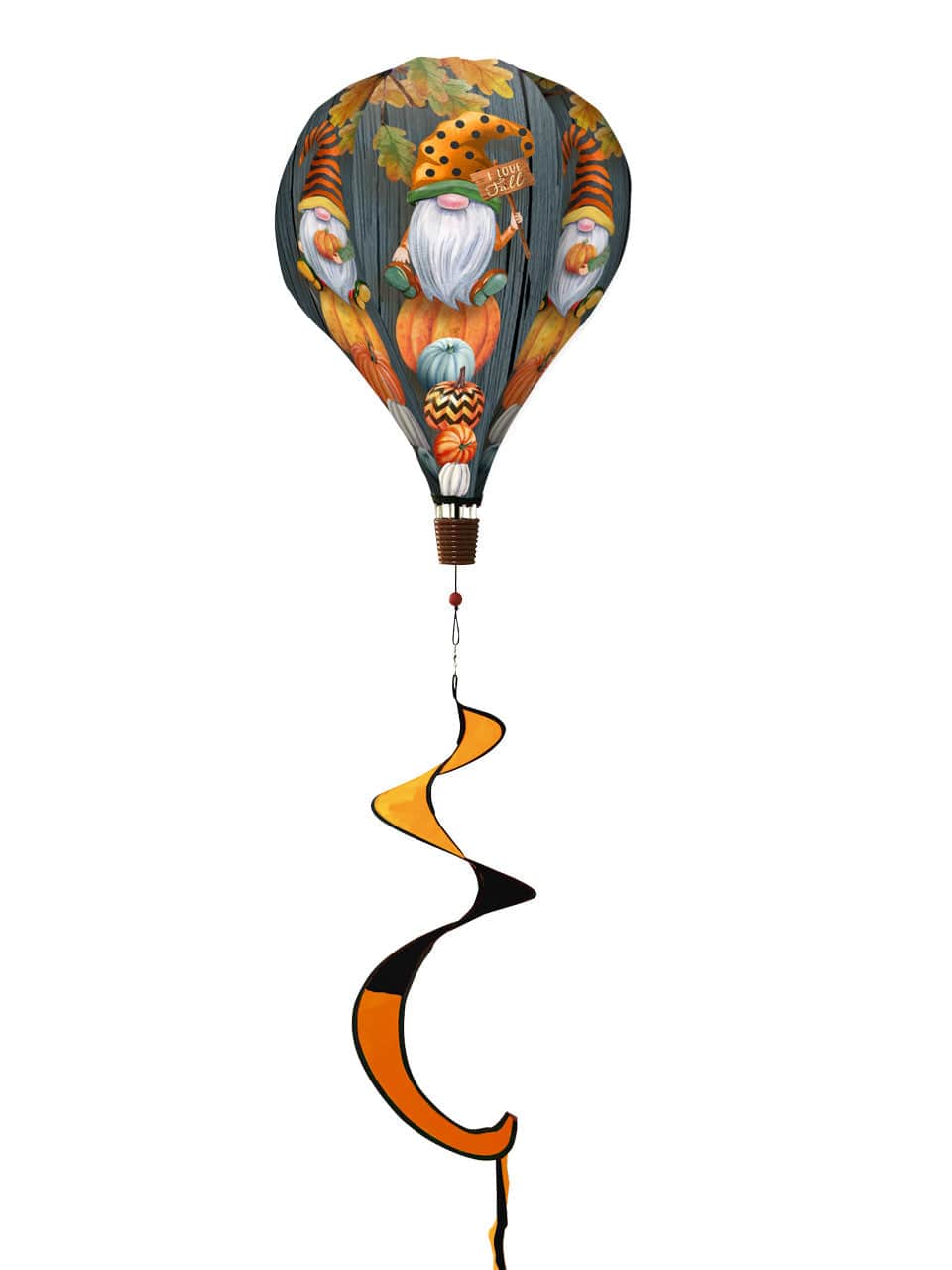 Fall gnomes hot air balloon spinner with autumn colors, durable polyester build, and seasonal outdoor decoration for garden or patio.