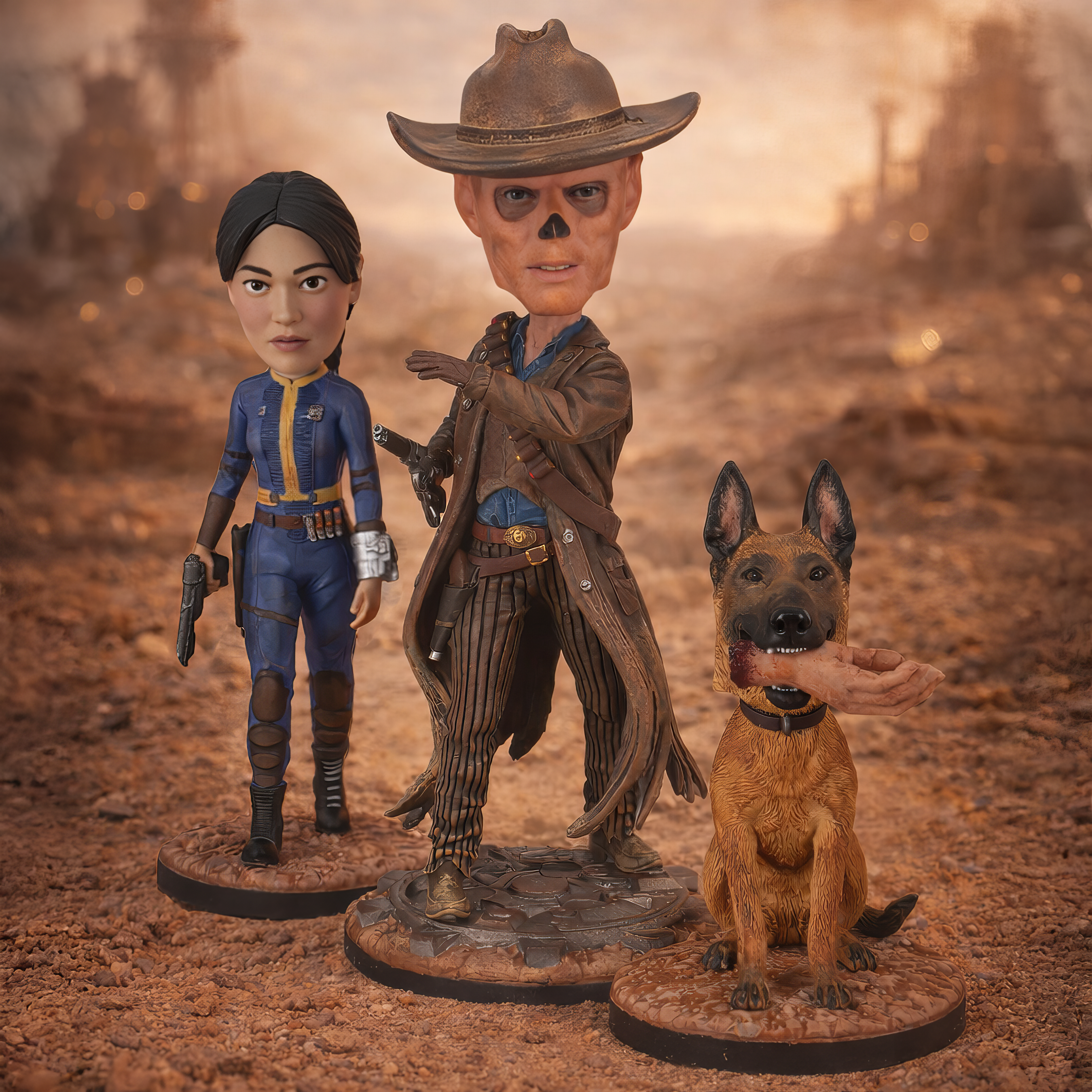 Fallout: The Ghoul Bobblehead showcasing intricate details of a skeletal figure in a cowboy hat and trench coat, standing proudly on a display base.