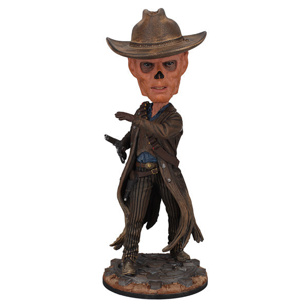 Fallout: The Ghoul Bobblehead showcasing intricate details of a skeletal figure in a cowboy hat and trench coat, standing proudly on a display base.