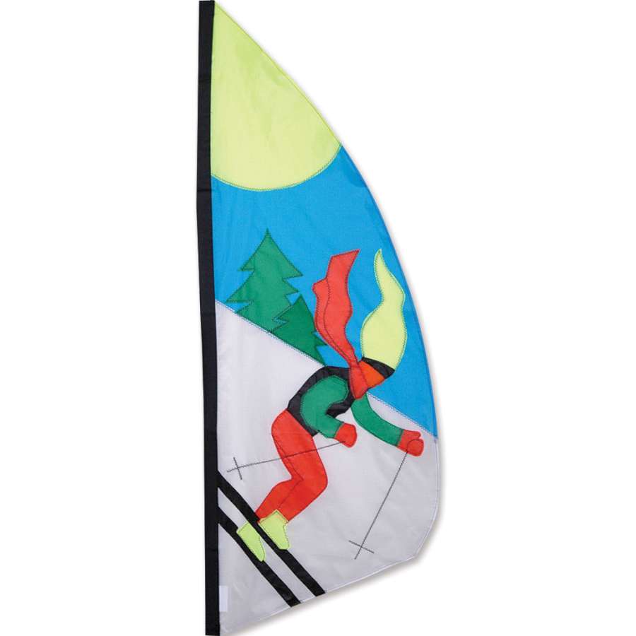 3.5 ft. Feather Banner - Skier with vibrant skier graphics displaying in an outdoor setting, ideal for winter celebrations.