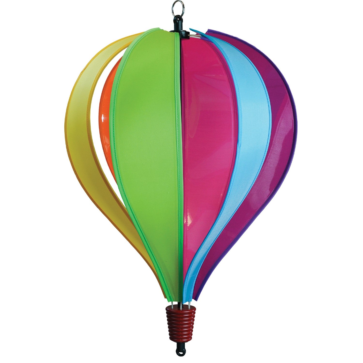Colorful Fiesta 6-Panel Fabric Hot Air Balloon Spinner in a garden setting, highlighting its vibrant colors and balloon shape for outdoor decor.
