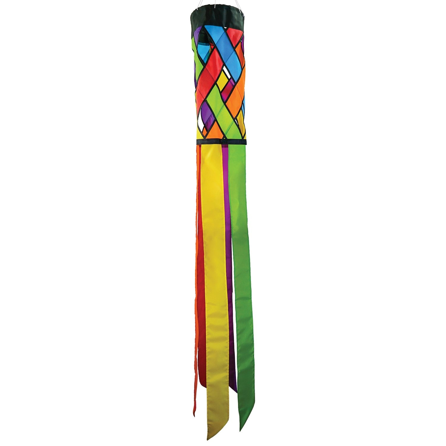 Fiesta Diagonal Weave 60\" Windsock with vibrant colors and black edging, fluttering in an outdoor setting against a bright blue sky.