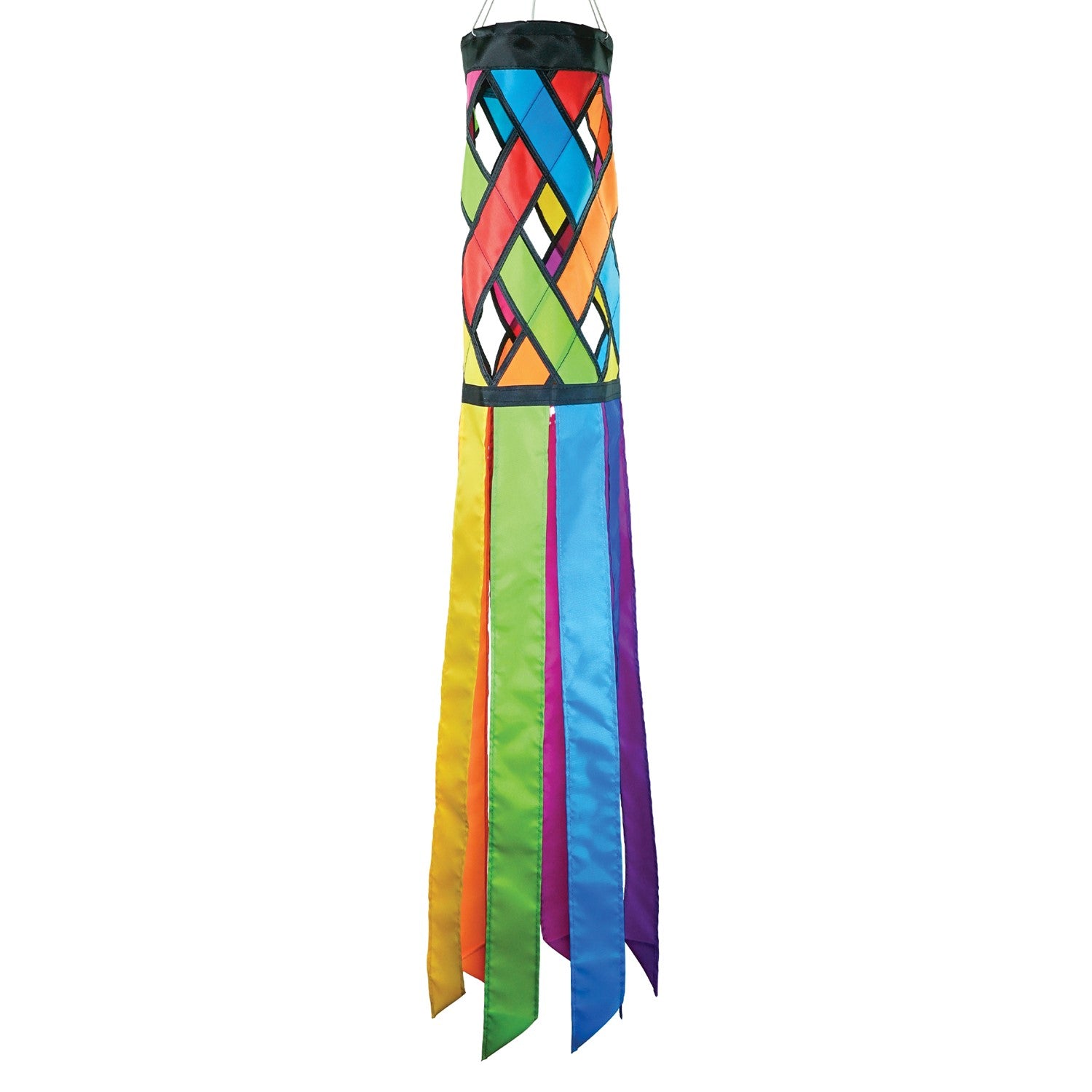 Fiesta Diagonal Weave 40-inch windsock featuring bright colors and black edging, fluttering in the breeze against a clear sky.