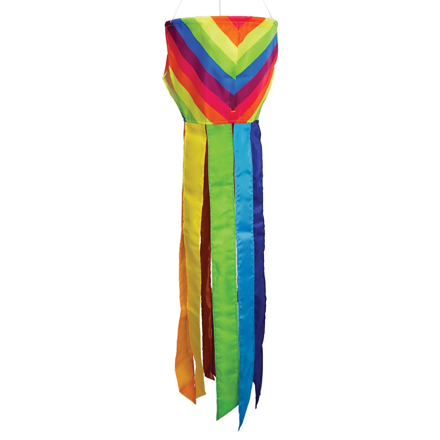 Colorful Fiesta Stripe Spinning Windsock featuring rainbow design with fluttering tails displayed outdoors, capturing motion in the breeze.