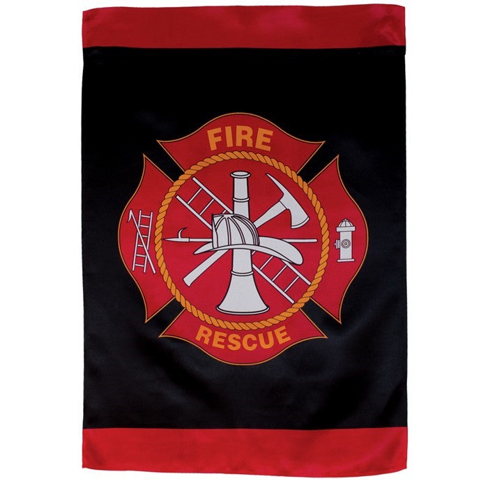 Fire Rescue Lustre House Banner showcasing vivid graphics with firefighter imagery, displayed prominently in an outdoor setting.