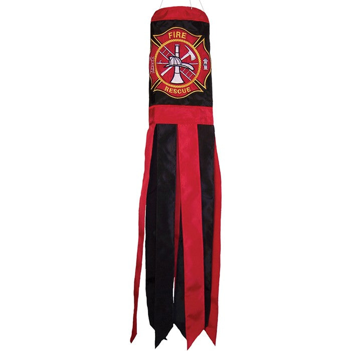 Fireman Logo 40-inch windsock featuring detailed applique design and vibrant colors displayed outdoors, dancing in the wind.