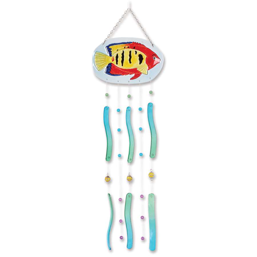 Colorful Fish Wind Chime - Flame Fish made of glass, hanging outdoors with gentle curves resembling flowing water, capturing sunlight beautifully.