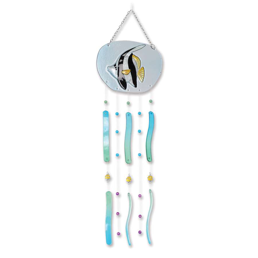 Fish Wind Chime - Pennant Butterfly made of kiln-fired glass, featuring colorful fish reliefs that create soothing sounds in outdoor decor.