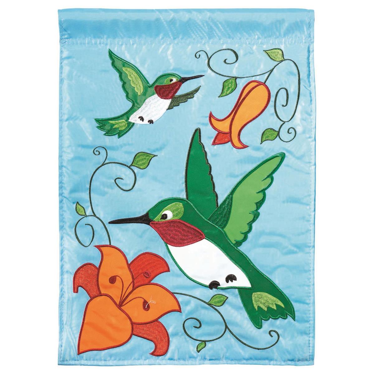 Flag Birds In Flight Polyester 13x18 featuring double applique design, durable 300-denier polyester, and vibrant embroidery for elegant outdoor décor.