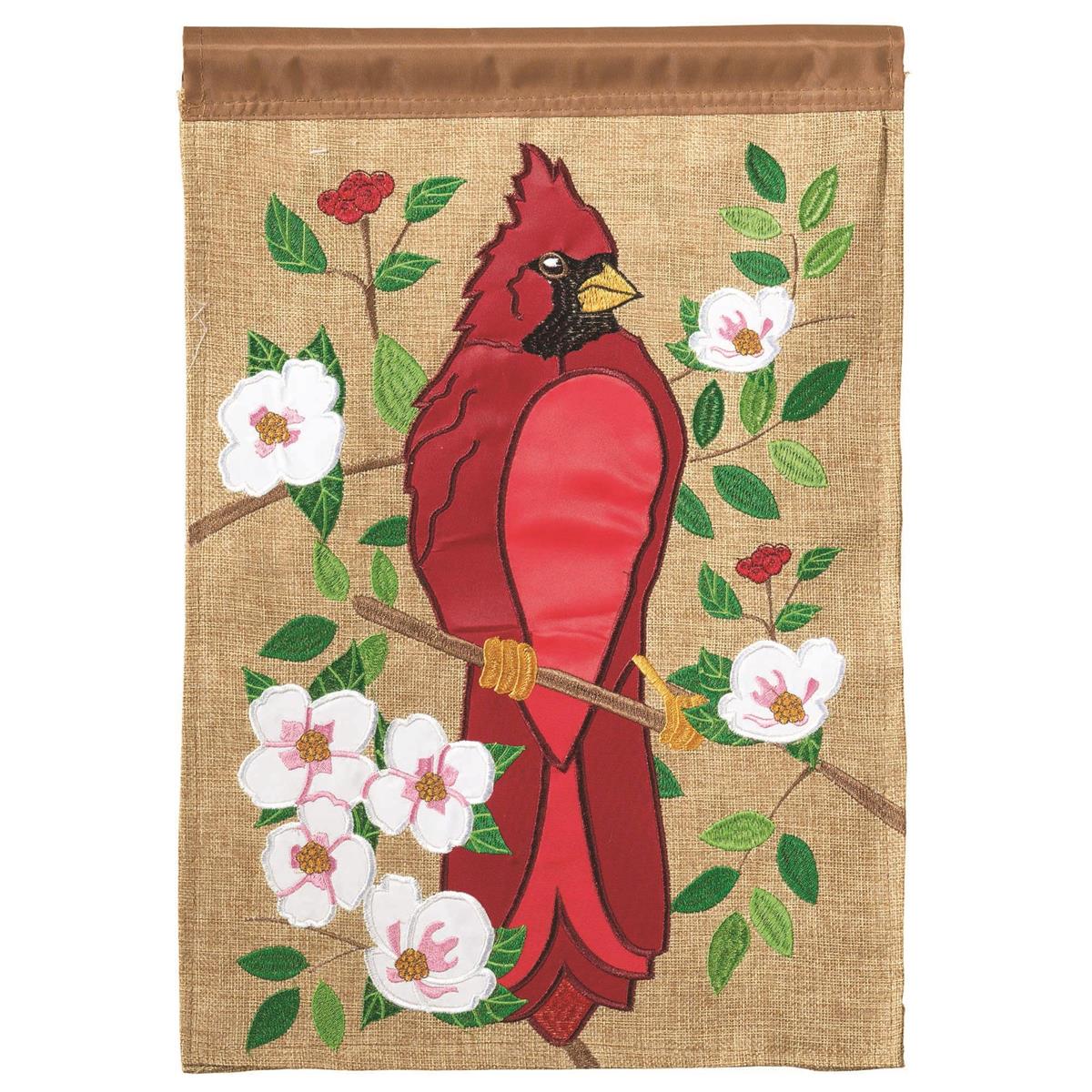 Flag Cardinal Burlap Polyester 13x18 featuring double applique design, durable 300-denier polyester, and vibrant embroidery for refined outdoor décor.