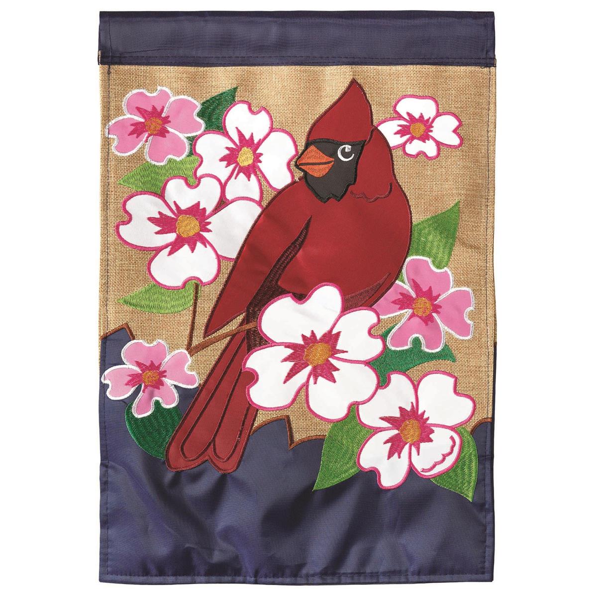 Flag Cardinal Dogwood Burlap 29x42 featuring double applique design, durable polyester, and vibrant embroidery for nature-inspired outdoor décor.