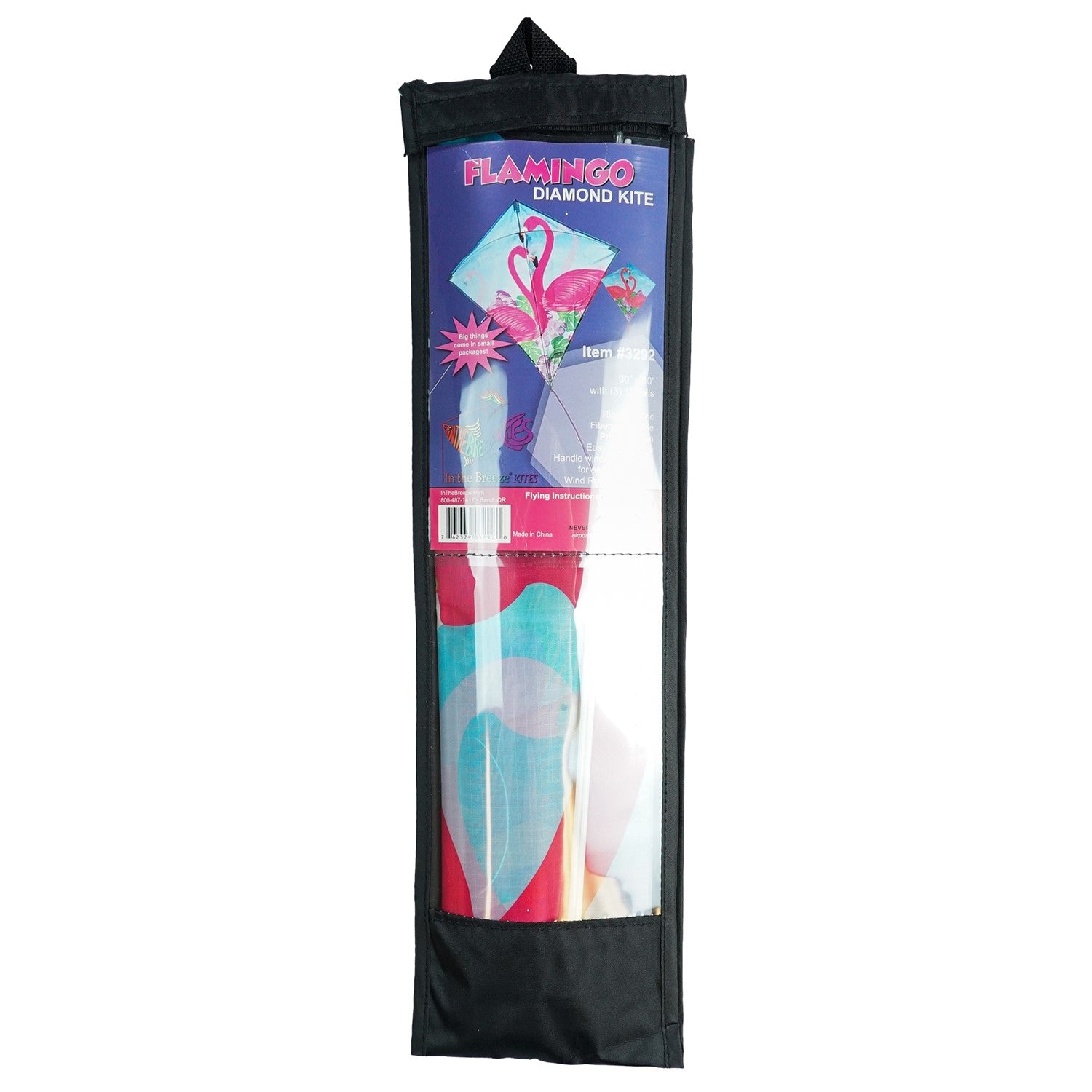 Flamingo 30-inch Diamond Kite with vibrant flamingo design flying in a clear blue sky, showcasing its colorful tails and lightweight build.