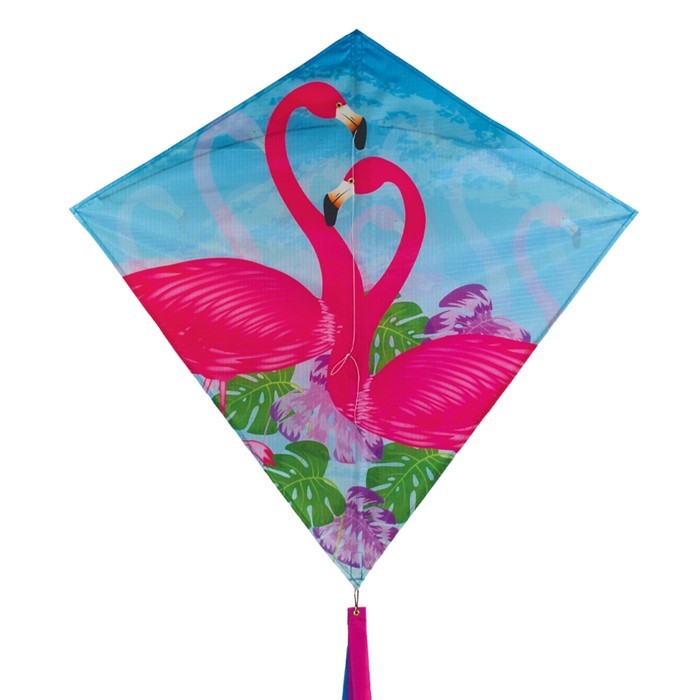 Flamingo 30-inch Diamond Kite with vibrant flamingo design flying in a clear blue sky, showcasing its colorful tails and lightweight build.