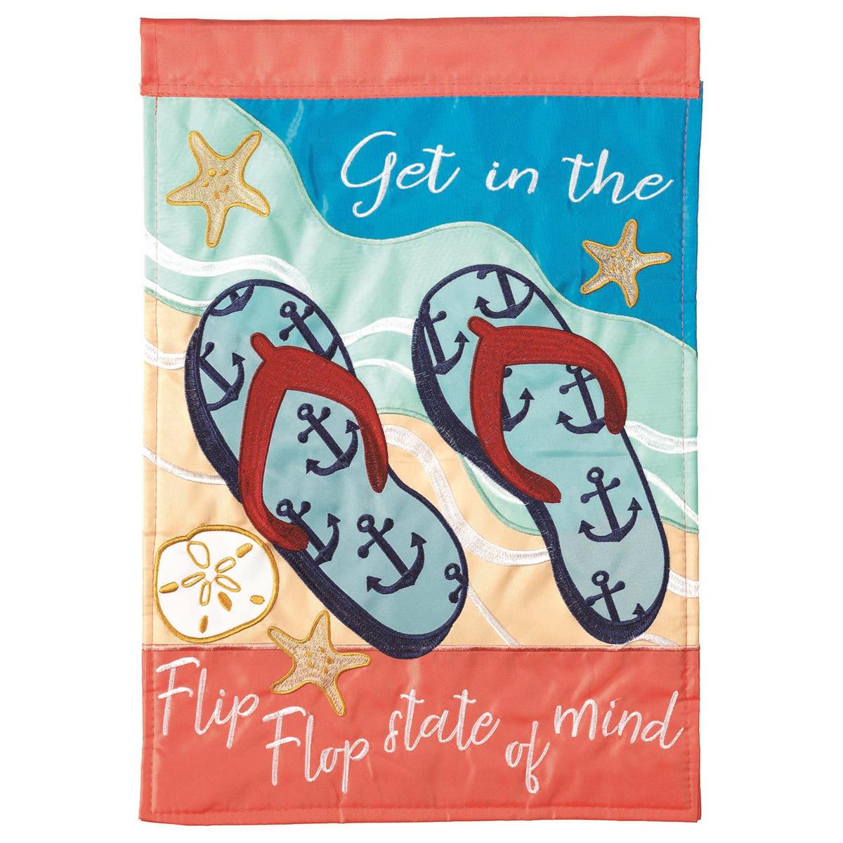 Flip Flop State of Mind 29x42 Flag featuring double applique design, durable polyester, and vibrant embroidery for beach-inspired outdoor décor.