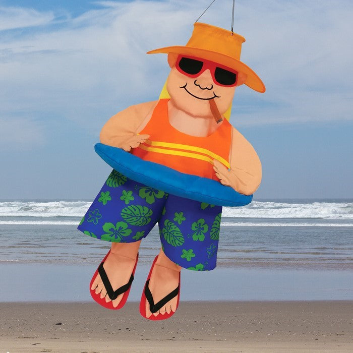 Charming Float Man With Cigar Wind Friend hanging from a tree, featuring a 3D design in vibrant colors and durable fabric, swaying in the breeze.