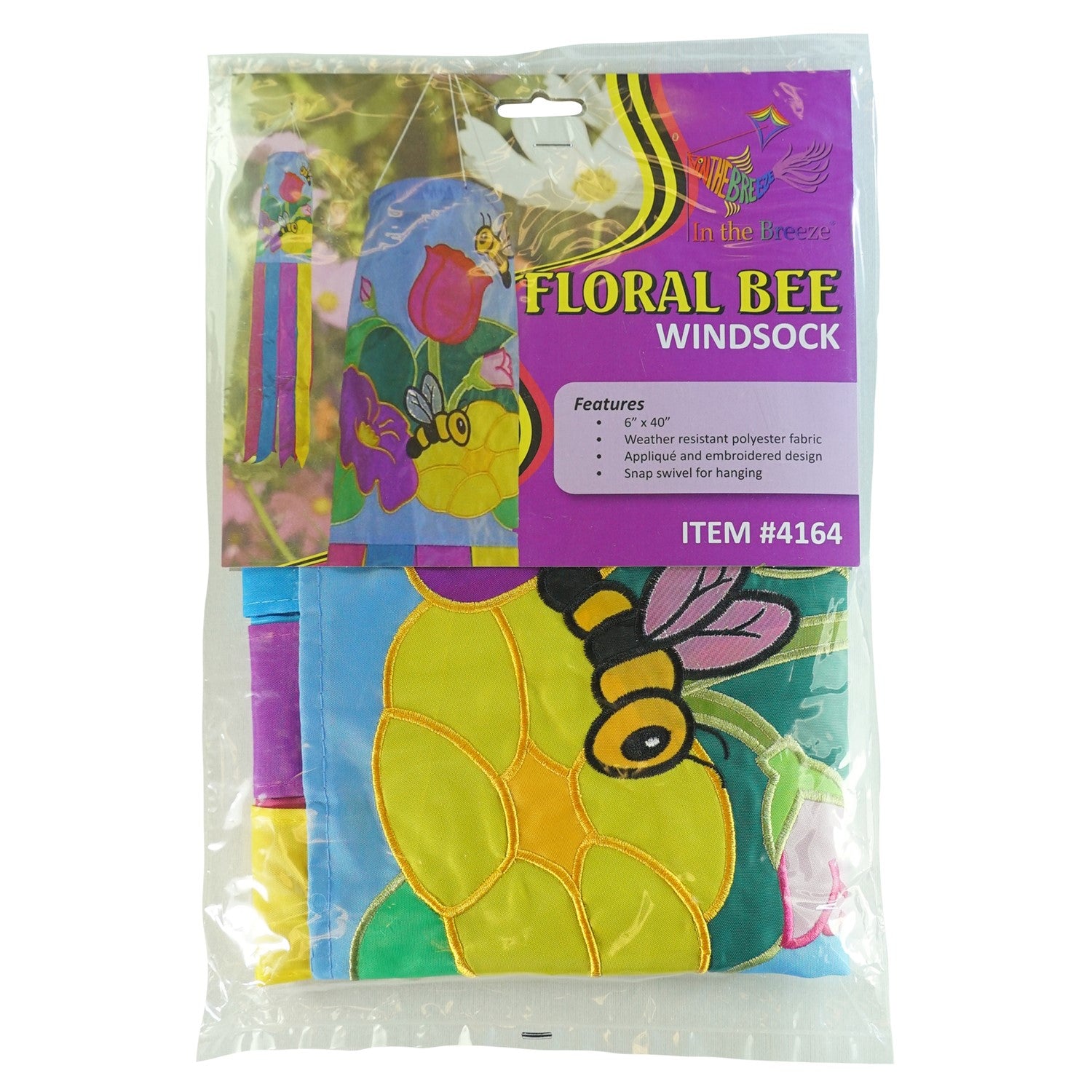 Stunning Floral Bee 40" Windsock with vibrant flower and bee design, fluttering tails, and durable fabric, ideal for enhancing any outdoor space.