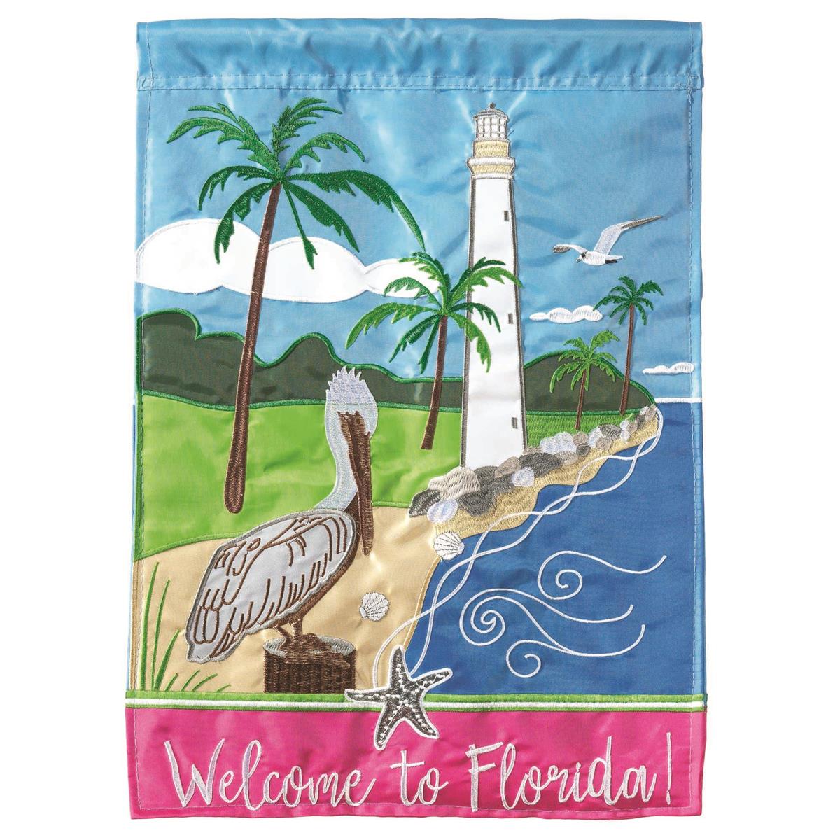 Florida Lighthouse 29x42 Flag featuring double applique design, durable polyester, and vibrant embroidery for coastal outdoor décor.
