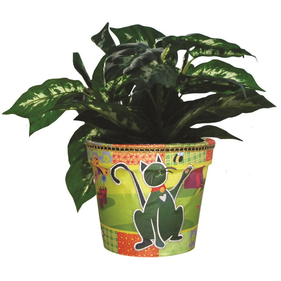 Flower Pot Cover - Kitties at Play featuring colorful kittens design, perfect for indoor plants, displayed in a cozy indoor setting.