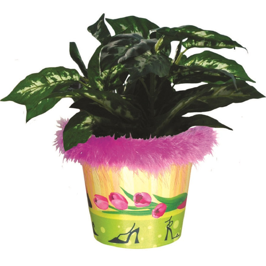 Flower Pot Cover - Shopping Spree in a stylish design, placed around a standard indoor plant pot for elegant decoration.