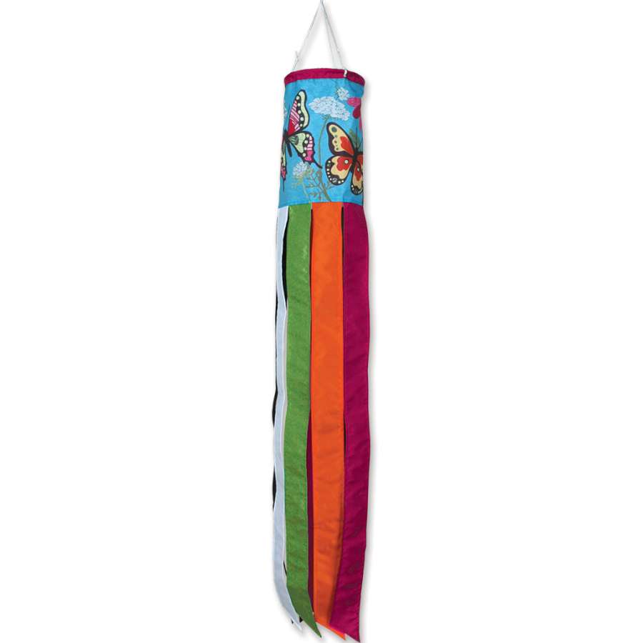 A vibrant Fluttering Butterflies windsock in traditional shape, showcasing colorful butterfly designs, gracefully fluttering in the breeze against a blue sky.