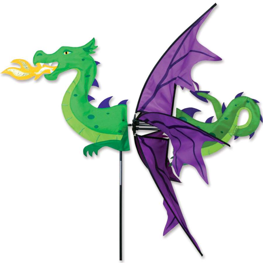 Flying Dragon Spinner in vibrant colors rotating gently in a garden, creating a whimsical outdoor display.