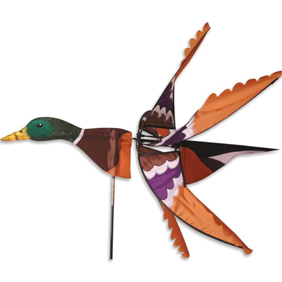 Oversized mallard duck spinner with realistic brown and green design, 43.5-inch wingspan, and smooth spinning motion for rustic outdoor landscapes.