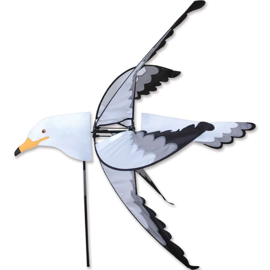 Flying Seagull Spinner with colorful wings spinning on a garden stake, adding charm and whimsy to an outdoor space.
