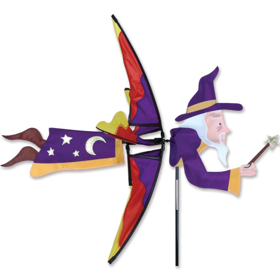 Flying Wizard Spinner features a whimsical design with bright colors, spinning gracefully outdoors in a sunny garden setting.