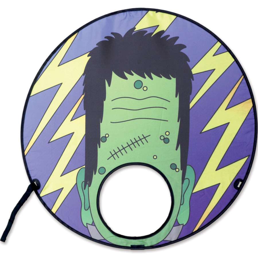 Forehead Flyer - Frankenstein kite displayed in a playful outdoor setting, showcasing its bright colors and fun design as a headdress.