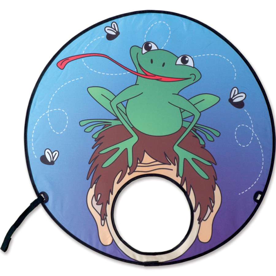 Forehead Flyer - Frog designed as a whimsical kite, displayed worn as a headdress, showcasing its playful colors and design in an outdoor setting.