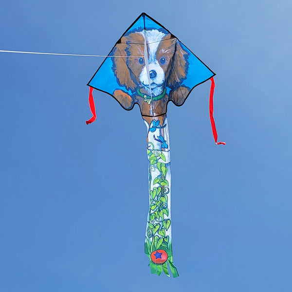 Large Easy Flyer Kite - Puppy on a Fence with playful design, perfect for stable flying in winds from 5 to 18 mph.