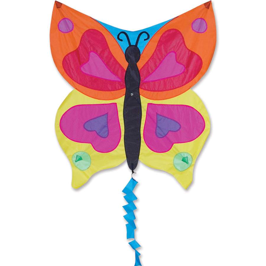 Fun Flyer Kite Rainbow Butterfly design in vibrant colors flying in a blue sky, measuring 25x25 inches, showcasing its stunning tail and structure.
