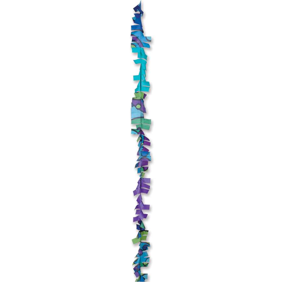 6 in. x 24 ft. Fuzzi Tail in Cool Orbit with vibrant colors attached to a kite, fluttering in the wind against a blue sky.