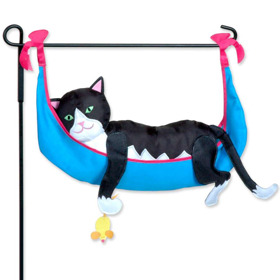 Garden Charm - Kitty Takes a Break features a cute kitten design displayed on a garden flag pole in a vibrant outdoor setting.