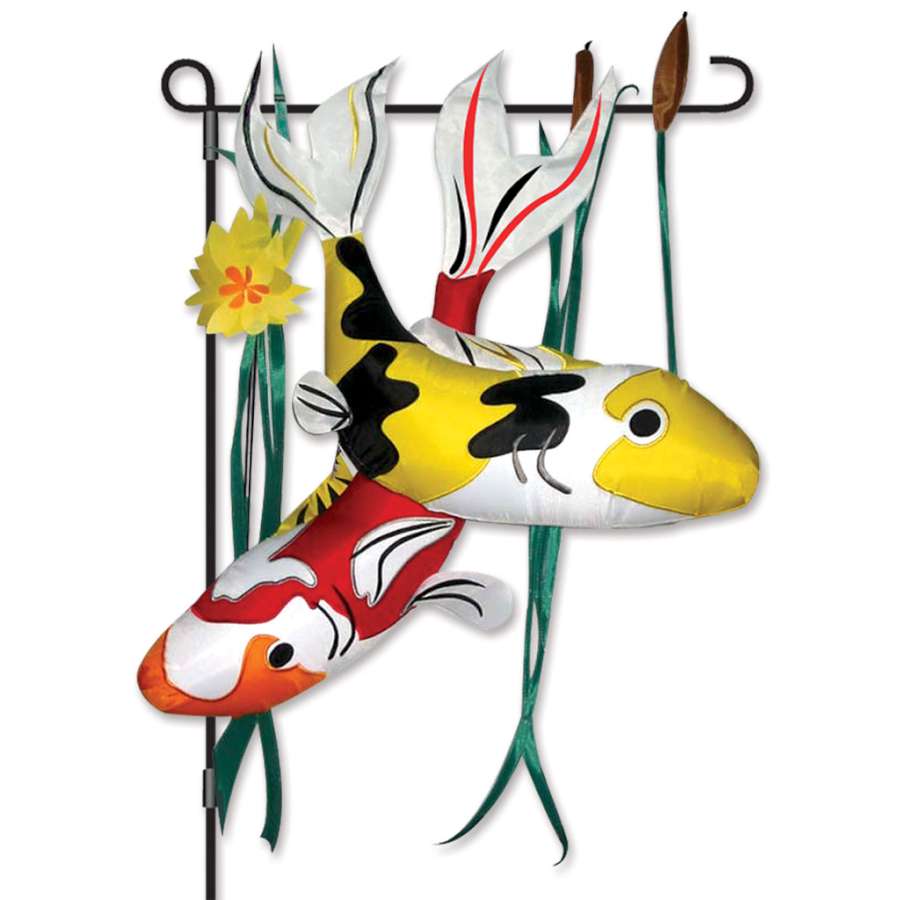 Garden Charm Rainbow Koi garden accent featuring a colorful koi fish design spinning on a flag pole in a lush garden setting.