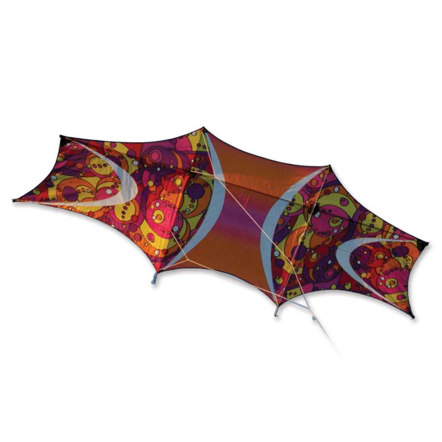 Genki Kite - Warm Orbit, measuring 156 x 56 inches, soaring high in the sky with vibrant graphics against a clear backdrop.