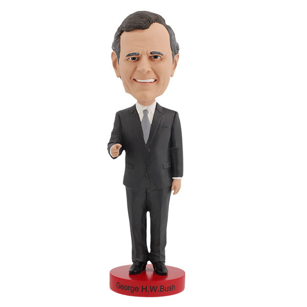 George H.W. Bush Bobblehead standing 8 inches tall with intricate details, hand-painted, and presented in a collector's box.