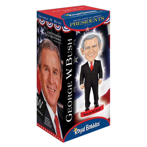 Detailed George W. Bush bobblehead with realistic facial features and vibrant colors, set on a display shelf against a neutral background.