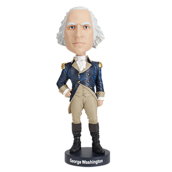 8-inch George Washington bobblehead with detailed military attire and hand-painted features displayed in a colorful collector's box.